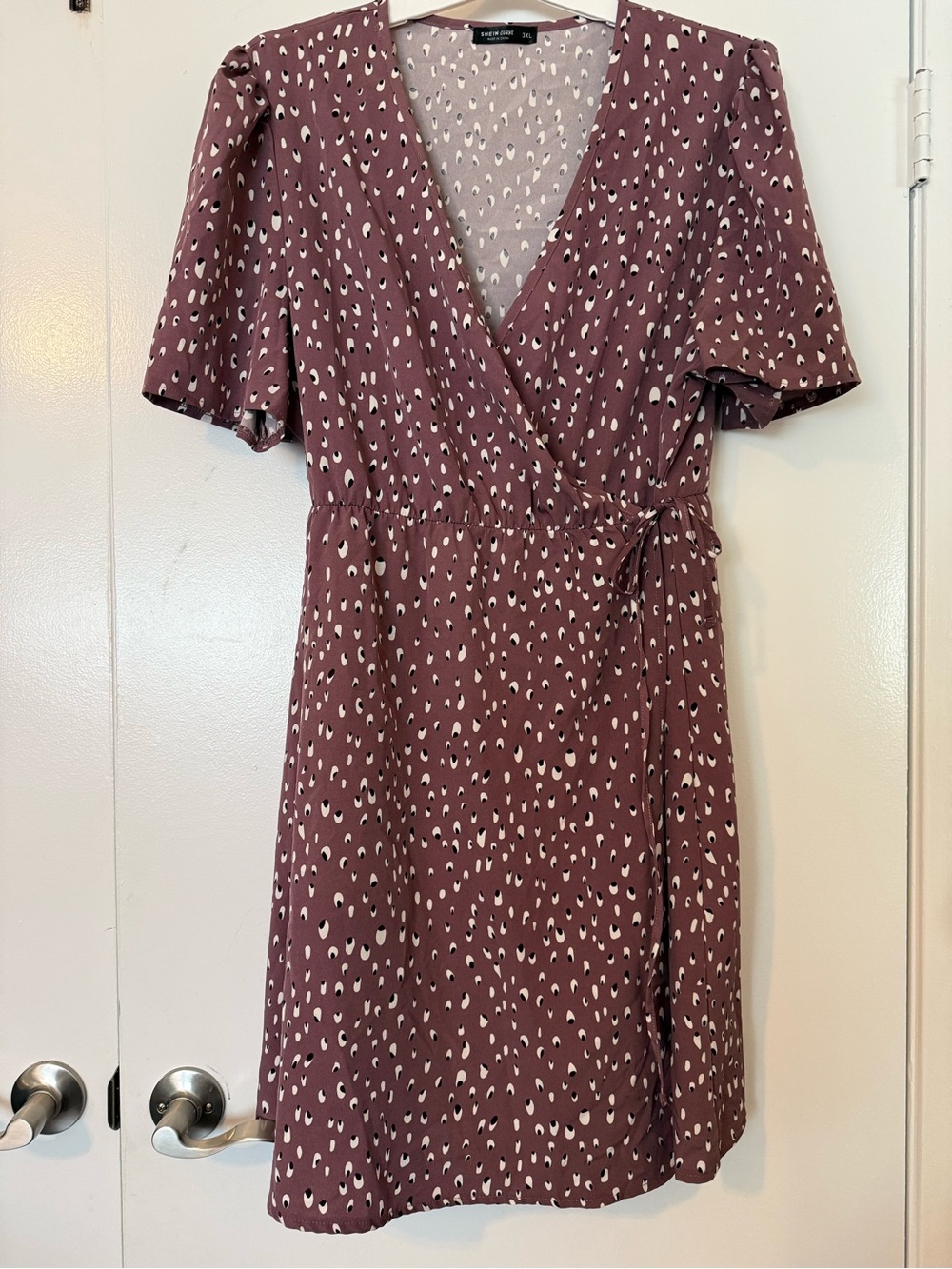 SHEIN plum wrap midi dress with white spot print